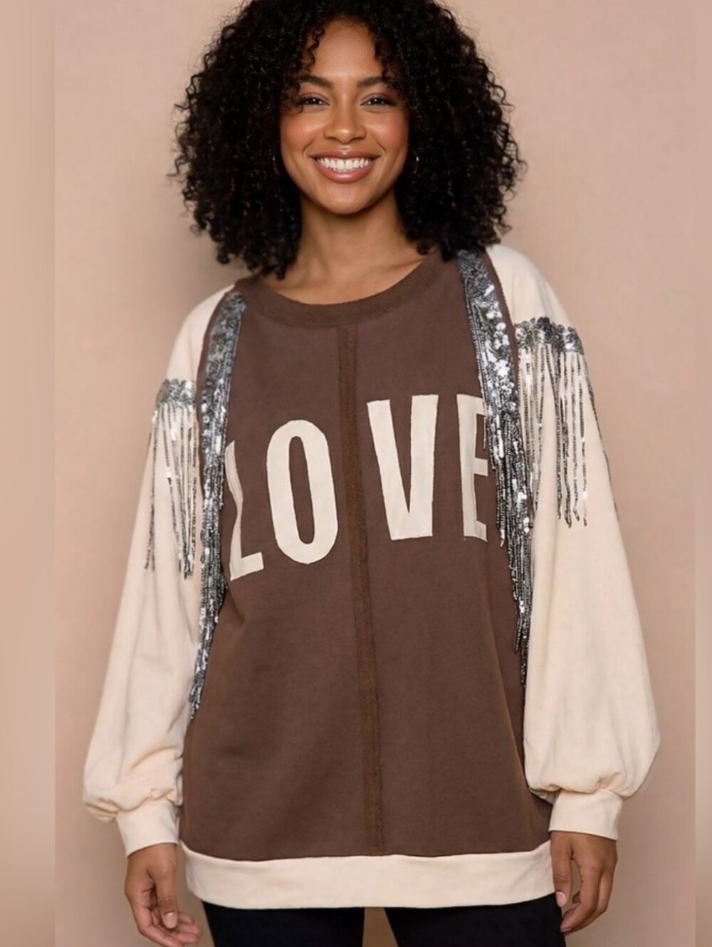 POL Oversized Two Tone Fringe Sleeve LS Sweater Brown Cream